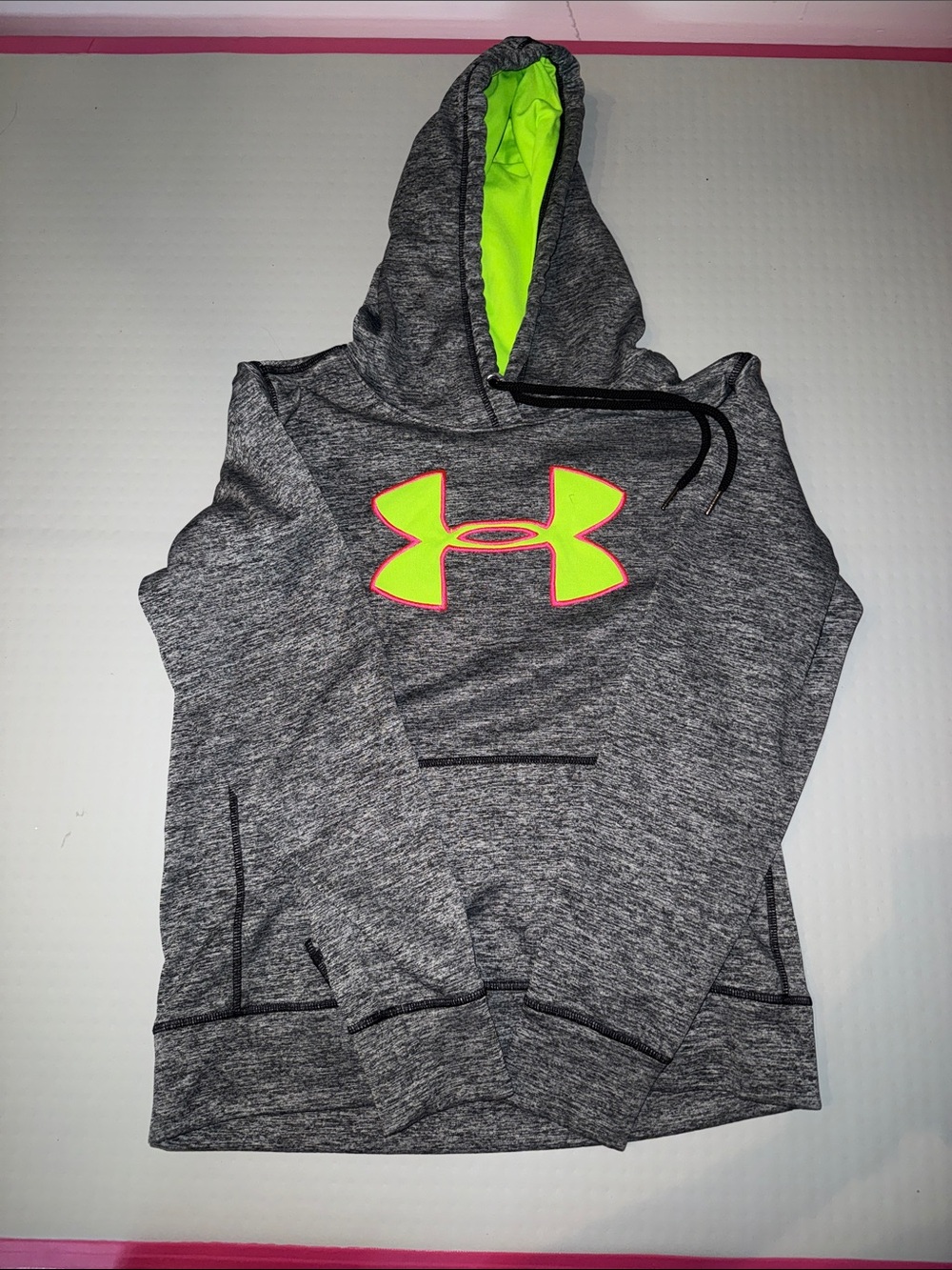 Under Armour Kids Gray Hoodie with Neon Lime Logo and Hood Lining